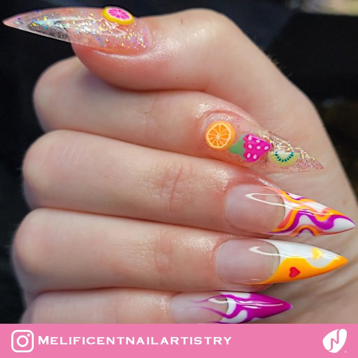 Colorful Fruit and Squiggly French Nails